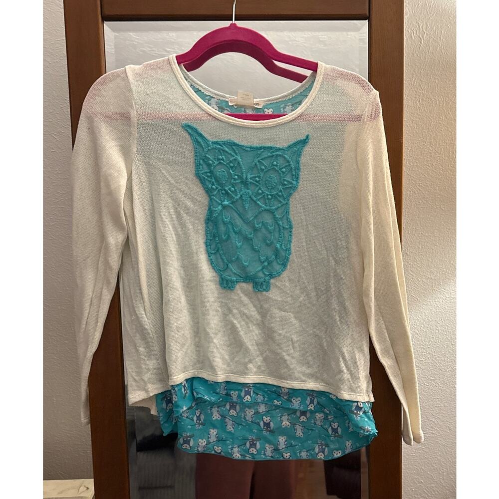 Girls Blouse‎ Top Owl Blue Turquoise White Long Sleeve Layered Embroidered XL
